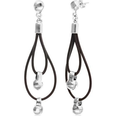 UNODE50 UNODE50 Double long leather earrings with sterling silver-plated dial detail 