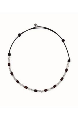 UNODE50 UNODE50 Leather Necklace with Silver and Wood Beads 