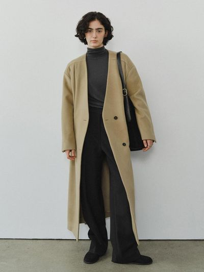 URAGO Nocollar belted wool maxi coat