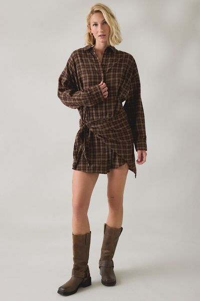 Urban Outfitters BDG Cordelia Multiway Scarf Tie Plaid Shirt Mini Dress in Brown, Women's at Urban Outfitters