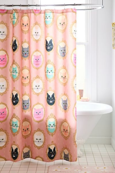 Urban Outfitters Cat Cameos Patterned Shower Curtain in Pink at Urban Outfitters