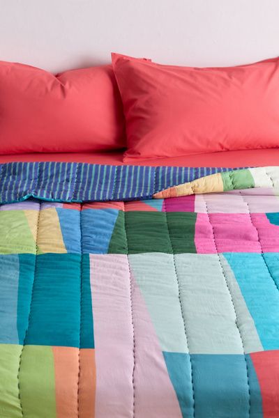 Urban Outfitters Connie Colorblock & Striped Reversible Cotton Quilt at Urban Outfitters
