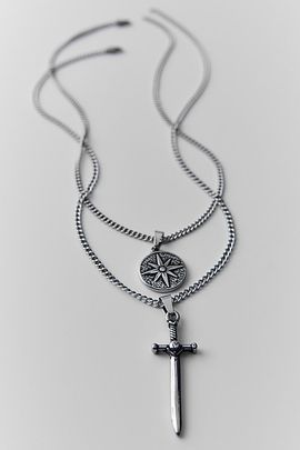 Urban Outfitters Double Pendant Layering Necklaces Set in Silver, Men's at Urban Outfitters