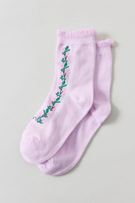 Urban Outfitters Embroidered Flower Chain Lettuce Edge Socks in Lilac, Women's at Urban Outfitters