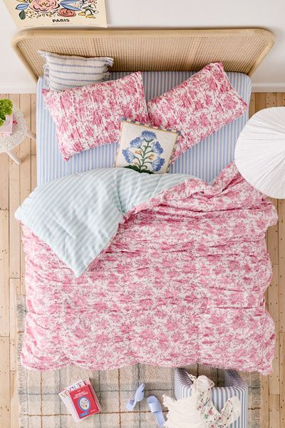 Urban Outfitters Fancy Toile & Striped Reversible Comforter Set in Pink at Urban Outfitters