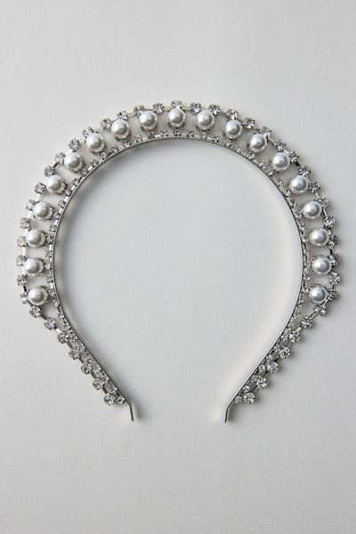 Urban Outfitters Feyra Rhinestone & Pearl Crown Headband in Silver, Women's at Urban Outfitters