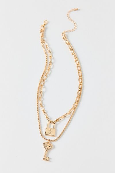 Urban Outfitters Keepers Lock & Key Pendant Layered Necklace in Gold, Women's at Urban Outfitters