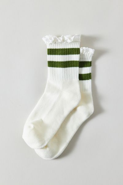 Urban Outfitters Lace-Trim Striped Athletic Sock in White/Green Stripes, Women's at Urban Outfitters
