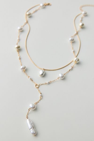 Urban Outfitters Pearly Corded Lariat Layered Necklace in Gold, Women's at Urban Outfitters