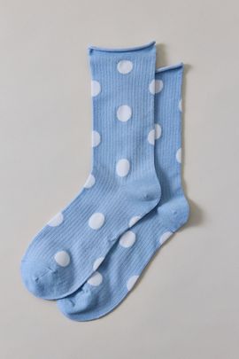 Urban Outfitters Polka Dot Roll Top Crew Socks in Light Blue, Women's at Urban Outfitters