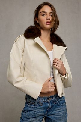 Urban Outfitters Steve Madden Silas Faux Fur Trim Moto Jacket in Bone, Women's at Urban Outfitters