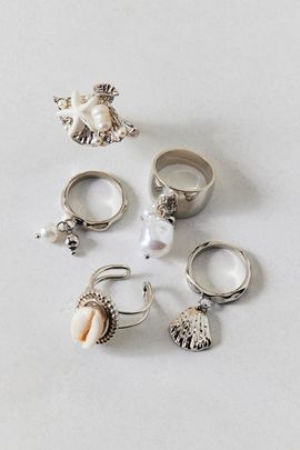 Urban Outfitters Tideline Shell & Pearl Rings Set in Silver, Women's at Urban Outfitters