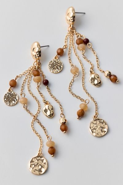 Urban Outfitters Tiger's Eye Coin & Fringe Dangle Earrings in Gold, Women's at Urban Outfitters