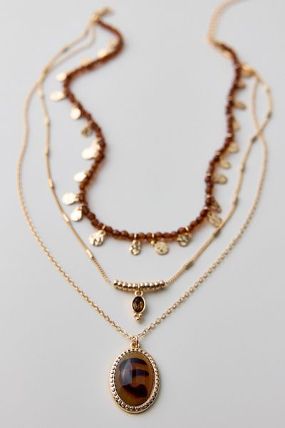 Urban Outfitters Tiger's Eye Coin Layered Necklace in Gold, Women's at Urban Outfitters