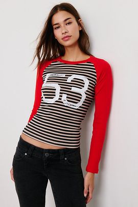 Urban Outfitters Urban Outfitters 53 Graphic Striped Long Sleeve Raglan Tee in Red, Women's at Urban Outfitters