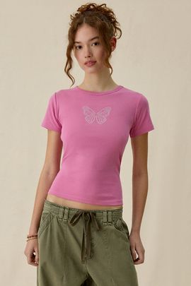Urban Outfitters Urban Outfitters Butterfly Rhinestone Graphic Baby Tee in Pink, Women's at Urban Outfitters