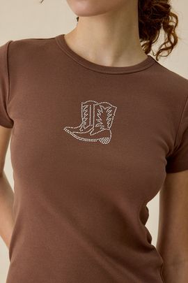 Urban Outfitters Urban Outfitters Cowboy Boots Rhinestone Graphic Baby Tee in Brown, Women's at Urban Outfitters