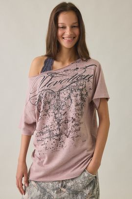 Urban Outfitters Urban Outfitters Devotion Graphic Oversized Off-The-Shoulder Tee in Mauve Grey, Women's at Urban Outfitters