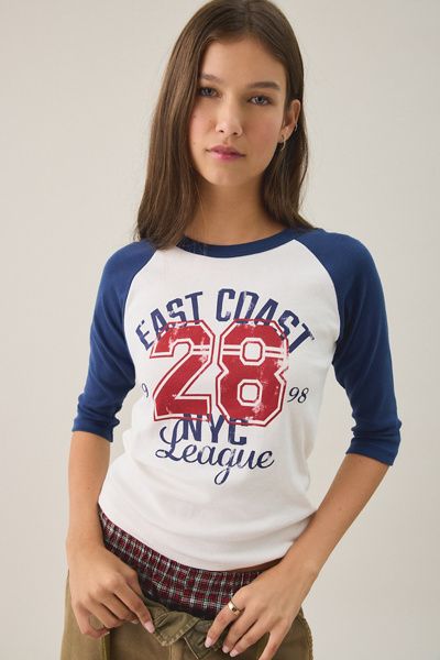 Urban Outfitters Urban Outfitters East Coast NYC Graphic Raglan 3/4 Sleeve Tee in Blue, Women's at Urban Outfitters