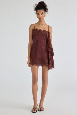 Urban Outfitters Urban Outfitters Light Before Dark Fleur Jacquard Satin Lace Trim Mini Dress in Maroon, Women's at Urban Outfitters