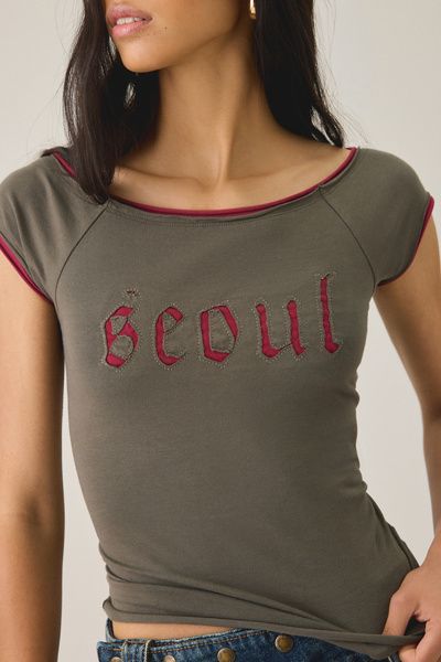 Urban Outfitters Urban Outfitters Seoul Cutout Graphic Double Layer Boatneck Baby Tee in Olive, Women's at Urban Outfitters