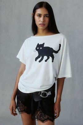 Urban Outfitters Urban Outfitters Spooky Cat Graphic Oversized Off-The-Shoulder Tee in White, Women's at Urban Outfitters