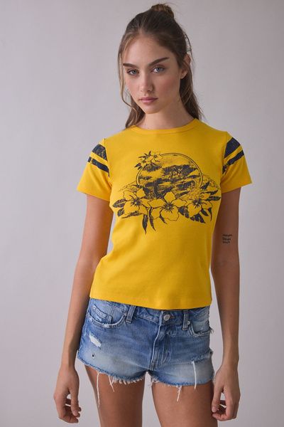 Urban Outfitters Surfer Graphic Striped Short Sleeve Cotton Slim Tee In Yellow