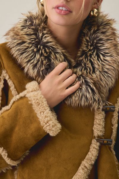 Urban Outfitters Urban Outfitters UO Ashleigh Faux Fur Trim Asymmetric Faux Shearling Jacket in Tan, Women's at Urban Outfitters