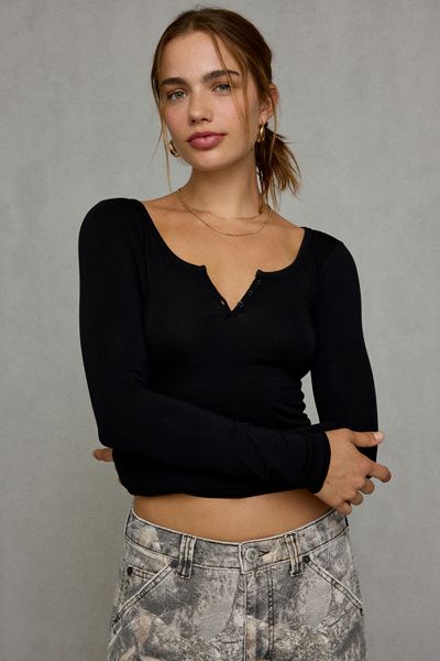 Urban Outfitters Urban Outfitters UO Ayla Notch Neck Long Sleeve Tee in Black, Women's at Urban Outfitters