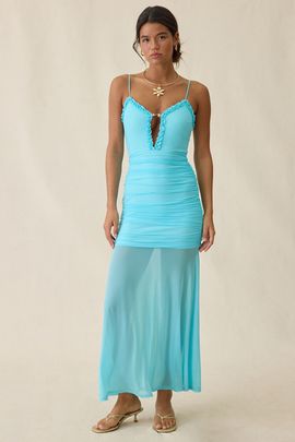 Urban Outfitters Urban Outfitters UO Azurine Plunging Keyhole Sheer Illusion Mesh Maxi Dress in Light Blue, Women's at Urban Outfitters