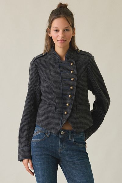 Urban Outfitters Urban Outfitters UO Beverly Wool Blend Asymmetric Band Jacket in Navy, Women's at Urban Outfitters