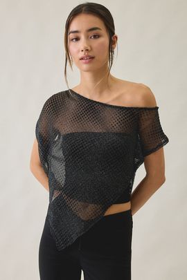 Urban Outfitters Urban Outfitters UO Bia Shine Flocked Dot Mesh Asymmetric Off-The-Shoulder Poncho Top in Black, Women's at Urban Outfitters