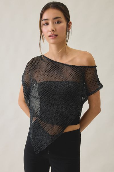 Urban Outfitters Urban Outfitters UO Bia Shine Flocked Dot Mesh Asymmetric Off-The-Shoulder Poncho Top in Black, Women's at Urban Outfitters