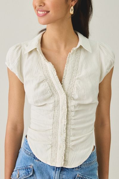Urban Outfitters Urban Outfitters UO Brynn Textured Puff Sleeve Button-Down Shirt in White, Women's at Urban Outfitters