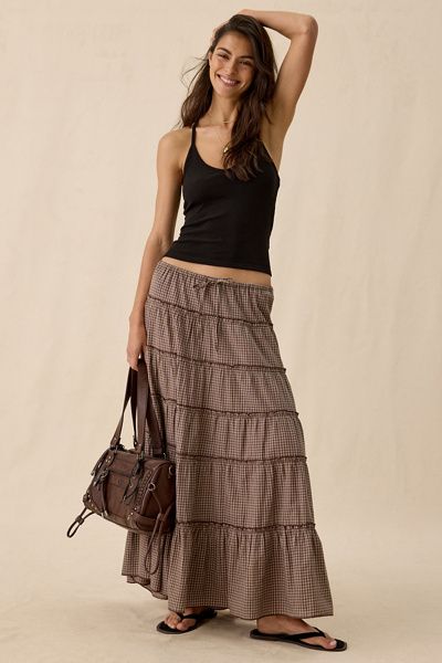 Urban Outfitters Urban Outfitters UO Caysie Plaid Pattern Low-Rise Tiered Maxi Skirt in Neutral, Women's at Urban Outfitters
