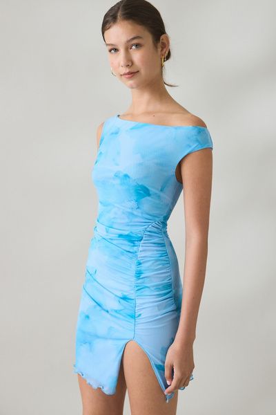 Urban Outfitters Urban Outfitters UO Cirrus Asymmetric Ruched Off-The-Shoulder Mesh Mini Dress in Blue, Women's at Urban Outfitters