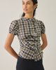 Urban Outfitters Urban Outfitters UO Cleo Check Puff Sleeve Asymmetric Button-Down Blouse in Khaki Check, Women's at Urban Outfitters - 1