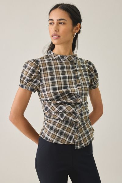 Urban Outfitters Urban Outfitters UO Cleo Check Puff Sleeve Asymmetric Button-Down Blouse in Khaki Check, Women's at Urban Outfitters