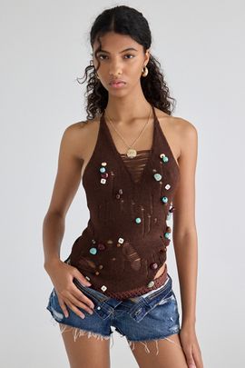 Urban Outfitters Urban Outfitters UO Cora Embellished Knit Open-Back Halter Top in Brown, Women's at Urban Outfitters