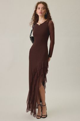 Urban Outfitters Urban Outfitters UO Dusk-To-Dawn Mesh Asymmetric Ruffle High-Low Maxi Dress in Brown, Women's at Urban Outfitters