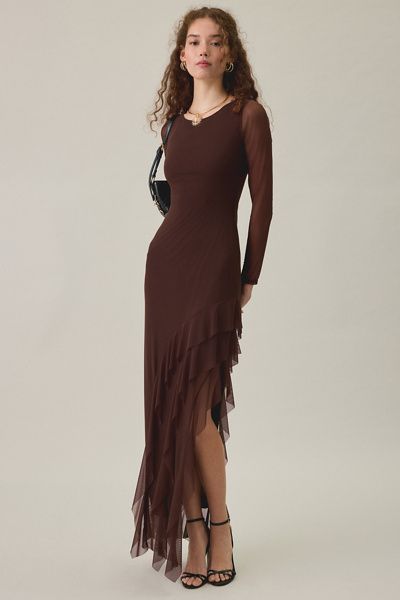 Urban Outfitters Urban Outfitters UO Dusk-To-Dawn Mesh Asymmetric Ruffle High-Low Maxi Dress in Brown, Women's at Urban Outfitters