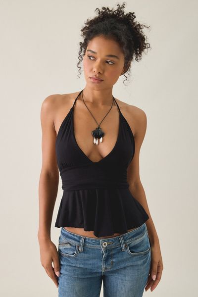 Urban Outfitters Urban Outfitters UO Eryka Plunging Halter Neck Babydoll Top in Black, Women's at Urban Outfitters