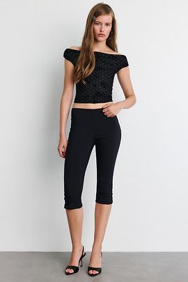 Urban Outfitters Urban Outfitters UO Fia Embellished Flocked Floral Off-The-Shoulder Crop Top in Black, Women's at Urban Outfitters