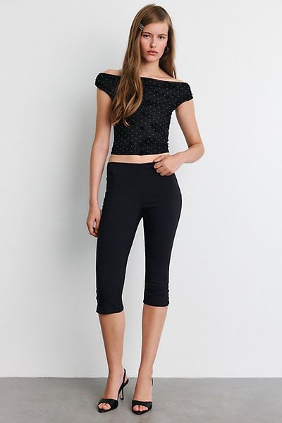 Urban Outfitters Urban Outfitters UO Fia Embellished Flocked Floral Off-The-Shoulder Crop Top in Black, Women's at Urban Outfitters