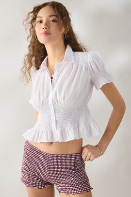 Urban Outfitters Urban Outfitters UO Jess Smocked Peplum Short Sleeve Button-Up Shirt Top in Powder white, Women's at Urban Outfitters