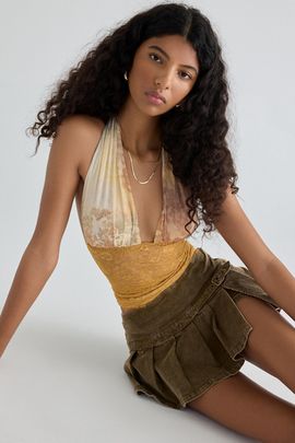 Urban Outfitters Urban Outfitters UO Party For You Lace Plunging Halter Top in Yellow, Women's at Urban Outfitters