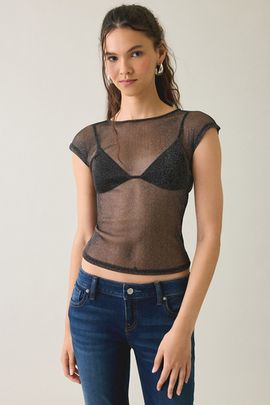 Urban Outfitters Urban Outfitters UO Rea Short Sleeve Shine Sheer Mesh Baby Tee in Black, Women's at Urban Outfitters