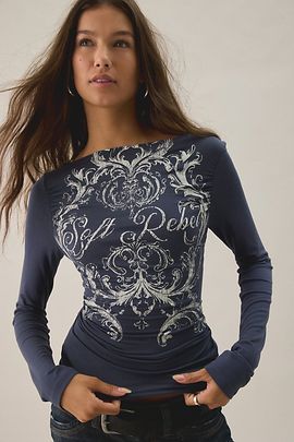 Urban Outfitters Urban Outfitters UO Soft Rebel Graphic Slash Neck Long Sleeve Tee in Dark Grey, Women's at Urban Outfitters