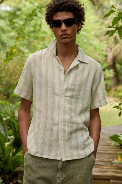 Urban Outfitters Urban Outfitters UO Textured Wide Stripe Camp Shirt Top in Ivory/Beige Stripe, Men's at Urban Outfitters