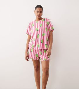 Urban Threads Urban Threads Curve jersey t-shirt and shorts pajama set in pink striped lime print